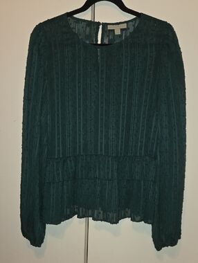 Textured Teal Long-Sleeve Peplum Blouse